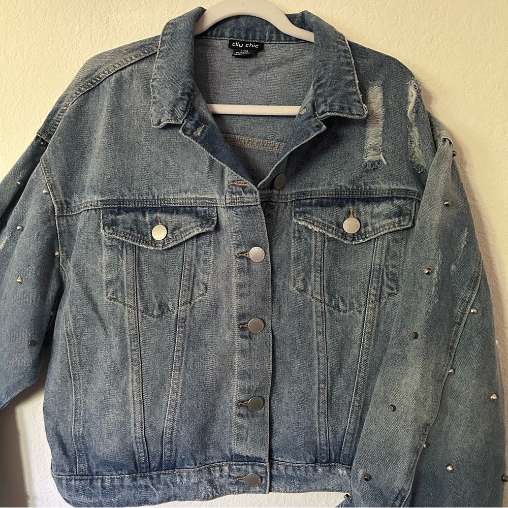City Chic cropped jean jacket w/ studs
